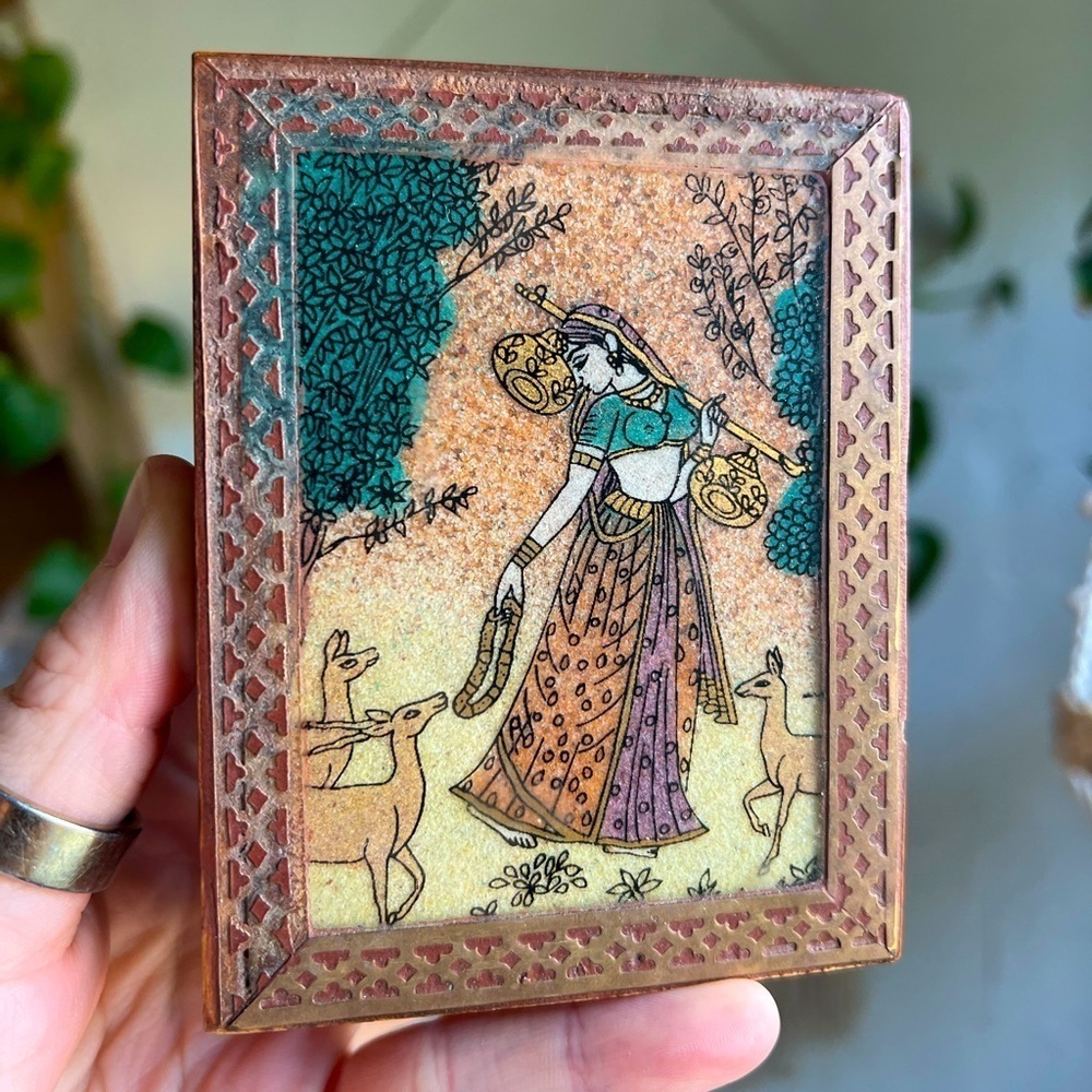 Vintage Indian Jewelry Trinket Box • Hand Painted Wood & Brass Inlay Boho Decor